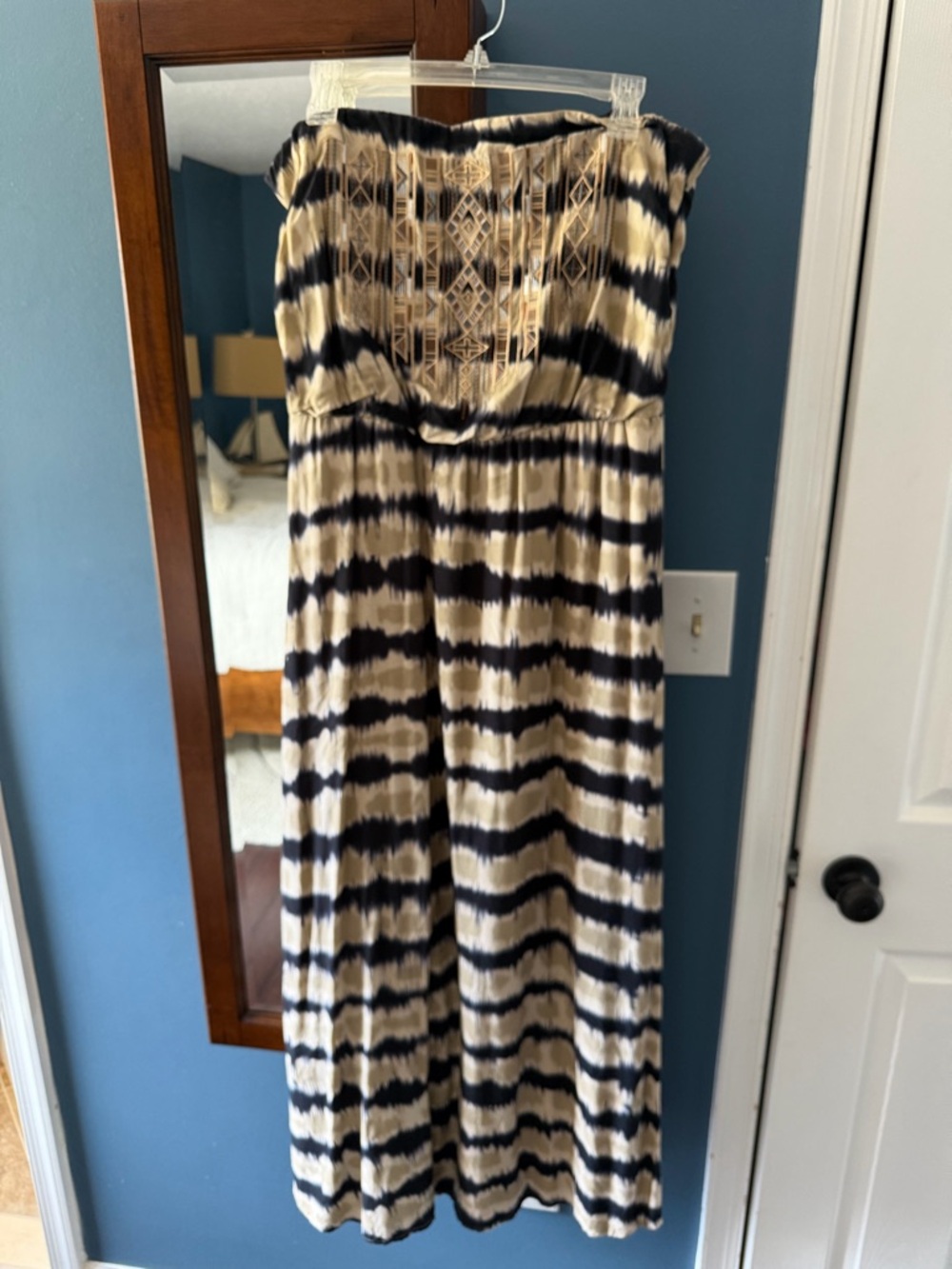 Solitaire Strapless Maxi Dress in Navy and Cream Tie-Dye